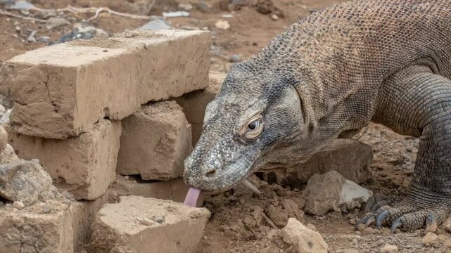 A large, scaled lizard extends its tongue towards crumbling bricks in a dry environment