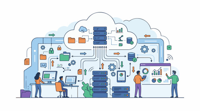 Infographic depicting a cloud-based data management system with four individuals working at computers and analyzing data