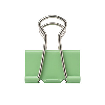 Small light green metal binder clip for office paperwork