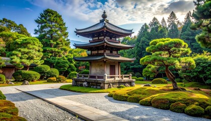 Obraz premium Stone Pagoda in Serene Temple Garden with Moss and Gravel Path