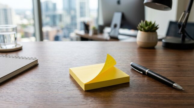 Desk with Yellow Sticky Notes and Pen in Modern Office Environment.