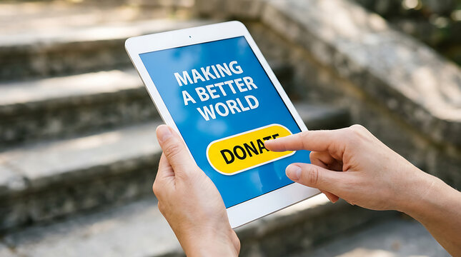 Hands using a digital tablet to donate, making a better world and supporting important causes
