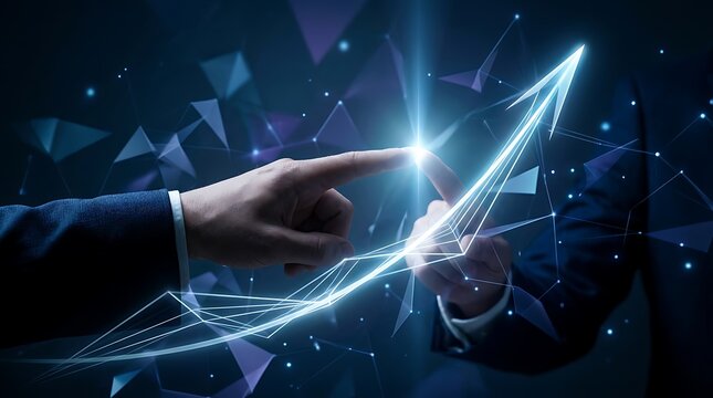 Two business people hands touching a glowing digital growth chart with rising arrow on a dark background, showing network nodes, and data connectivity