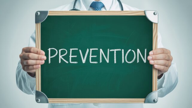 Doctor holding a green chalkboard with the word prevention written on it in white chalk