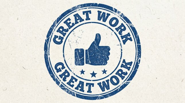 Blue rubber stamp with thumbs up and great work text
