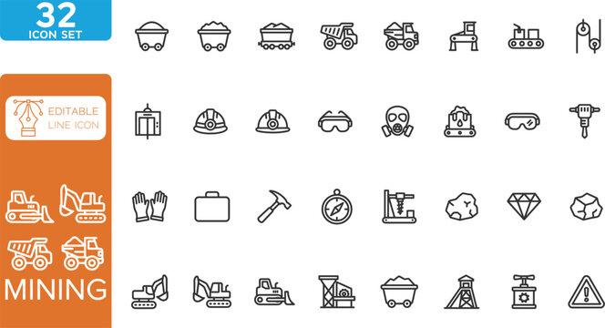 Mining line editable Icons set. Vector illustration. Containing minerals, gold, pickaxe, miner, excavator, diamond, coal wagon, gold panning, and more. on transparent background.