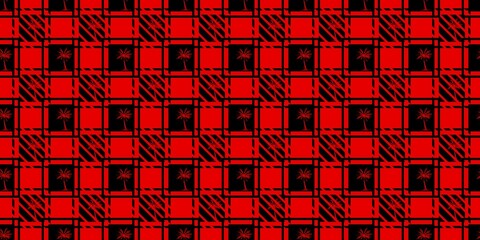 Dramatic seamless background with small palms on a striking red and black checkerboard. Perfect for edgy fashion prints, bold accent wall decor, or strong graphic designs. © Dunzz