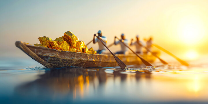A team of rowers works together steering a wooden boat heavily loaded with shining gold nuggets across calm water during a warm golden sunset reflecting brightly on the sea surface