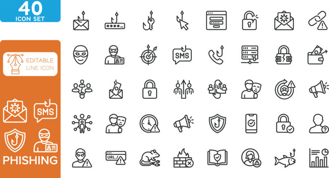 Phishing line editable Icons set. Vector illustration. Contain icons related to phishing, scam, thief, cybercrime, password hacking, money theft, data leakage, and more. on transparent background.
