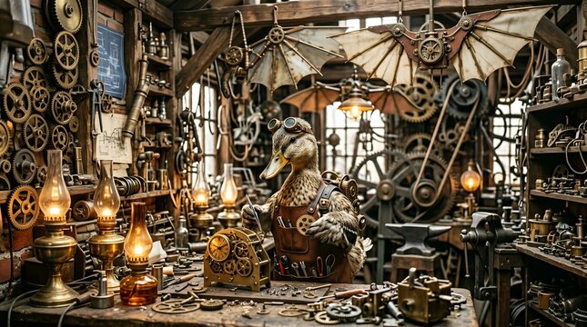 Steampunk duck inventor working in intricate mechanical workshop full of gears with steampunk inventor workshop mechanical industrial craftsman innovation mechanism engineering interior