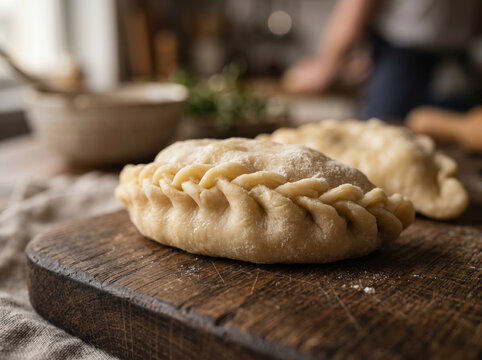 Handmade raw pastry turnover with braided crust on board
