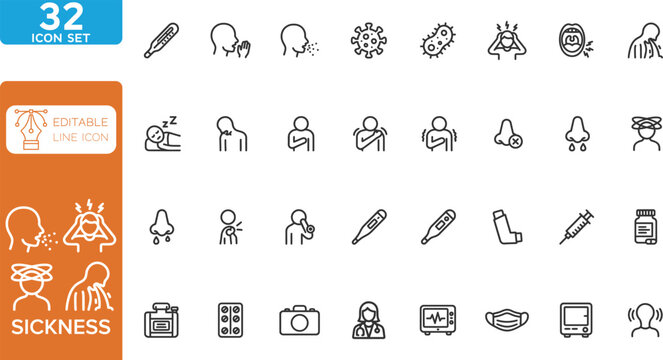 Sickness line editable Icons set. vector illustration. Contain icons related to Sickness, illness, injury, infection, symptom, pain, and more. on transparent background.