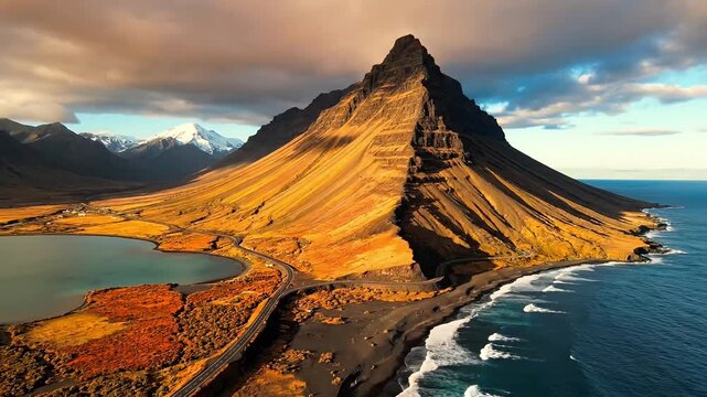 Majestic mountain rises from the sea, casting dramatic shadows under a golden sky.