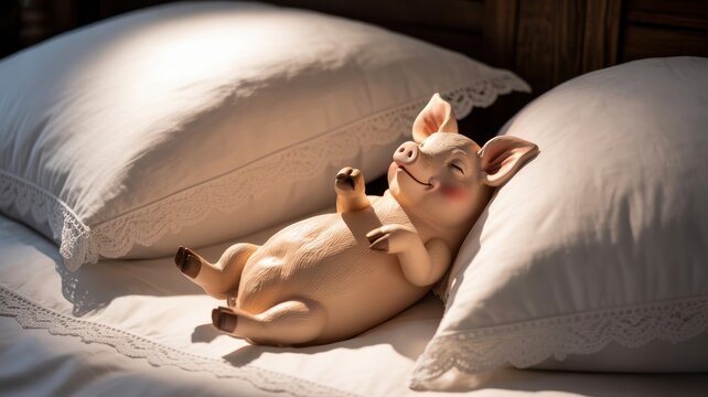 A cute piglet lies on its back on a bed between two white pillows, smiling and looking happy