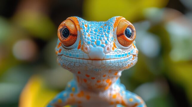 Close up of a colorful blue and orange lizard with large eyes.