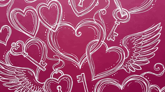 Intricate white line art drawing featuring decorative hearts and skeleton keys on a vibrant textured deep magenta paper surface background