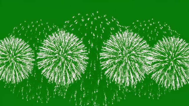 Bright white fireworks burst across a vibrant green background, creating a festive and celebratory atmosphere.