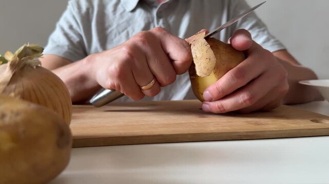 Peeling raw potato with kitchen knife on wooden cutting board, home cooking preparation, fresh ingredients, meal prep