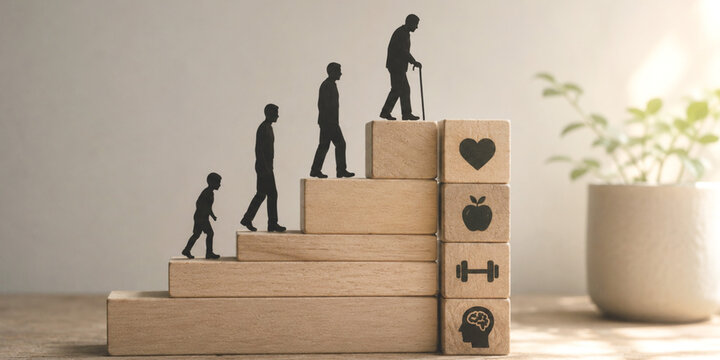 Healthy Aging concept. Life stages and age with changes in nutrition issues and health and mental health