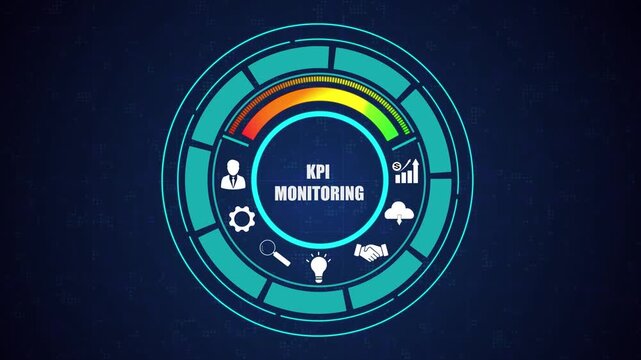 Kpi monitoring dashboard for corporate business analytics, financial performance statistics animation, digital tech abstract background hud.