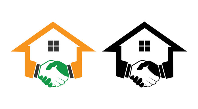 Real estate handshake logo icon, house and partnership agreement symbol, property deal vector illustration