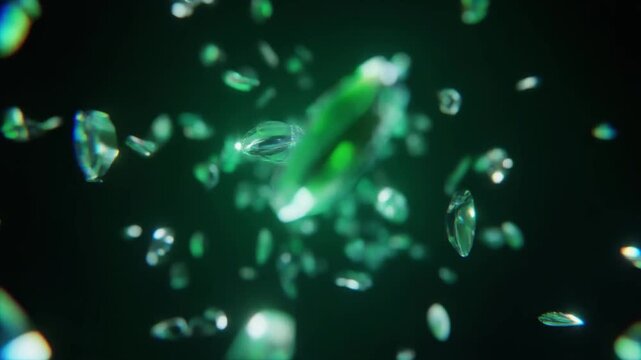 カメラに向かって飛んでくるガラスのように透明な花びらと葉の破片
