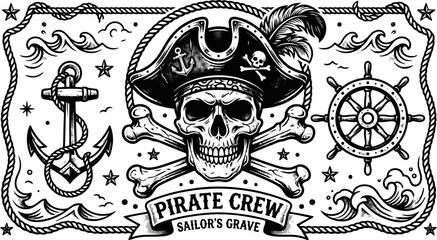 Fototapeta premium Old school traditional tattoo style pirate crew skull with crossbones and anchor