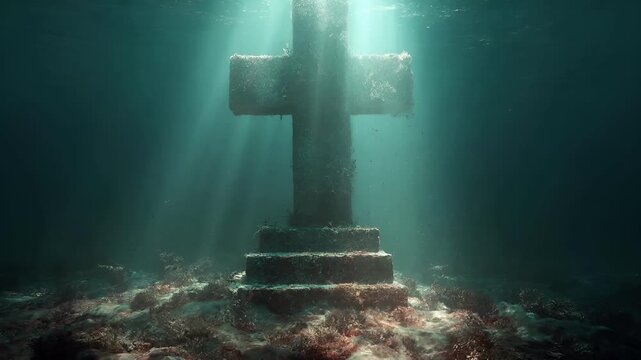 Lost ancient civilization archeology fantasy. A serene underwater scene features a large, weathered stone cross. Sunlight filters through the water.