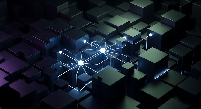 Abstract digital network connection with glowing nodes and lines on a dark 3d geometric cube background