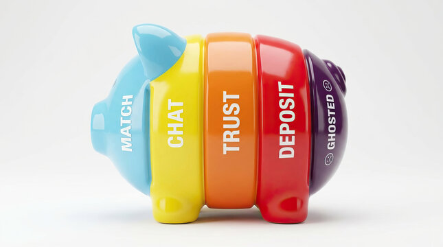 Pig butchering scam trust deposit chat match ghosted colorful segmented plastic toy finance saving concept isolated white background side view object money banking investment security