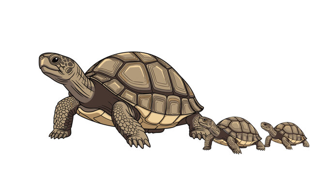 Large mother tortoise walking followed by two smaller baby tortoises on a plain white background illustrates family and slow movement.