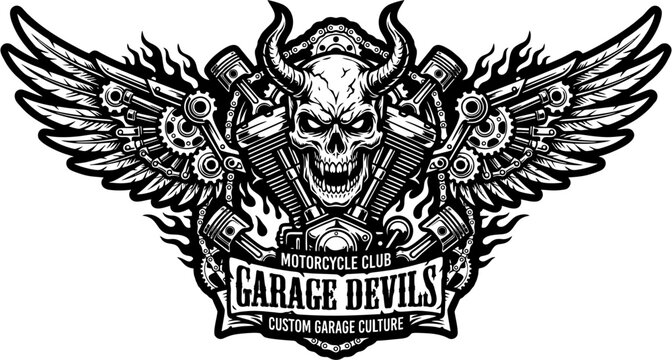 Vintage garage devils motorcycle club emblem with horned skull and engine wings