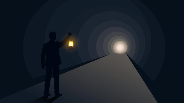 Businessman Holding Lantern lamp In Dark Tunnel Toward Bright Light in The End. Flat Design Animation Of male Silhouette. Concept For Hope, Leadership, Vision,  And Future Discovery.