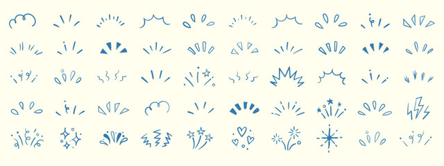 Hand drawn doodle line sparkle vector set, comic style decorative lines, burst effects, and dynamic radial patterns. Hand drawn pop surprise line frame for title headline illustration. © Animesh