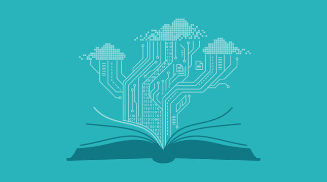 Open book featuring a glowing digital circuit tree rising from pages with binary code and pixelated clouds in teal color