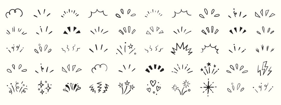 Hand drawn doodle line sparkle vector set, comic style decorative lines, burst effects, and dynamic radial patterns. Hand drawn pop surprise line frame for title headline illustration.