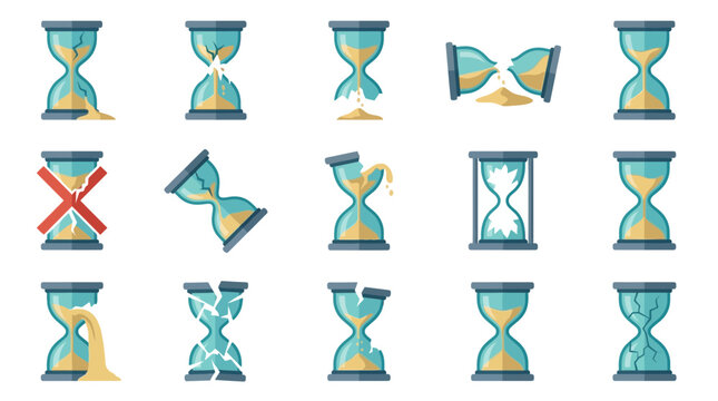Set of Broken Hourglass Icons and Shattered Sand Clock Illustrations Representing Wasted Time
