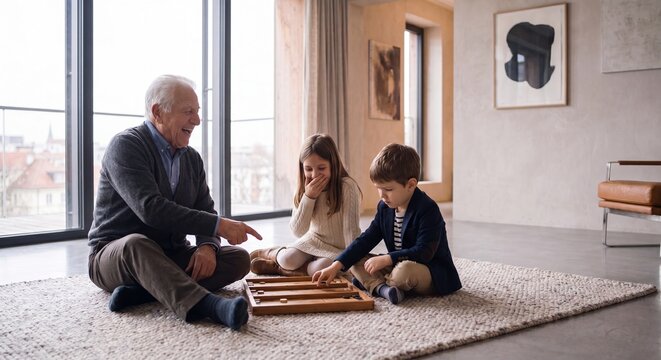 Happy senior Caucasian man playing a traditional wooden board game with his grandson and granddaughter on the living room floor.