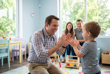 Obraz premium Friendly Pediatrician Playing with Toddler in Clinic