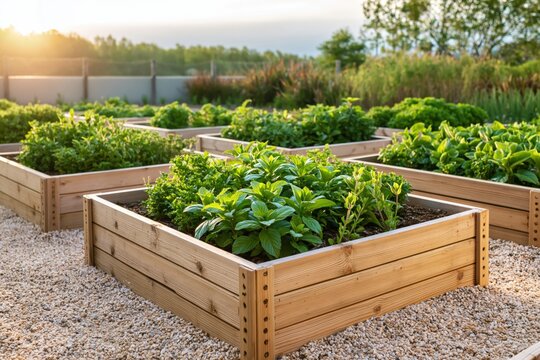 Garden with raised wood beds and organic vegetable plants in a backyard at sunset