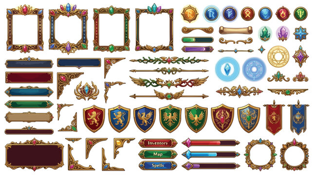 Fantasy RPG game UI kit, medieval interface elements with gold frames and heraldic shields, ornate magic buttons and status bars vector set