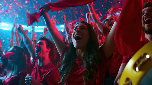 Red and blue crowd dancing at concer