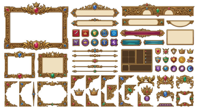 Fantasy RPG game UI set, ornate golden frames with gems and royal medieval interface elements, vintage wood and gold user interface vector kit