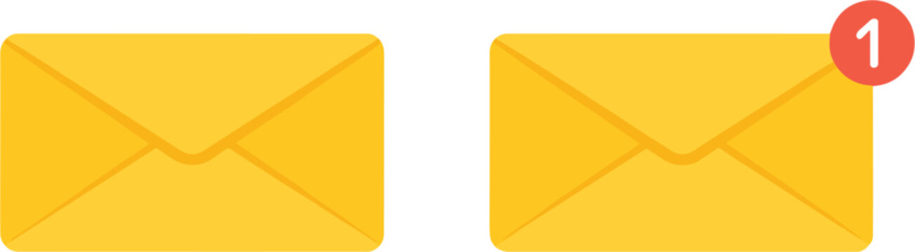 Email notification icons set, envelope message symbols with unread alert badge for communication applications
