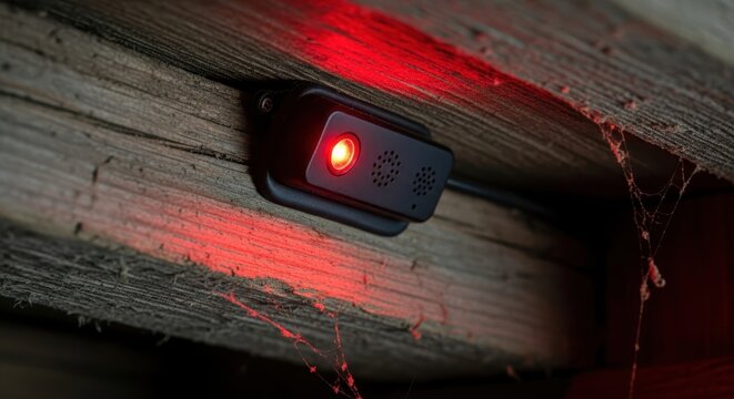 Small Hidden Surveillance Camera with Glowing Red Light Mounted on Old