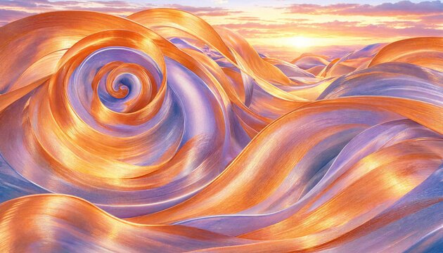 Abstract composition of swirling, golden and lavender silk ribbons creating a rhythmic, wave-like pattern under a soft, glowing sunset horizon