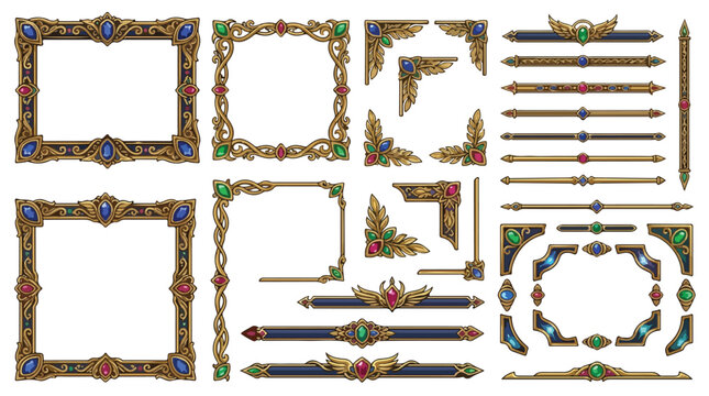 Ornate gold fantasy frames and borders set, decorative medieval game UI elements with colorful gems, vintage royal jewelry vector collection