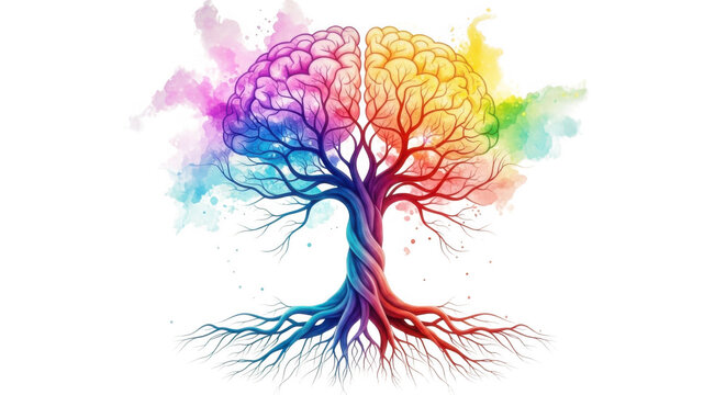 Vibrant rainbow brain tree symbolizing creativity knowledge growth and imagination transparent background black background
