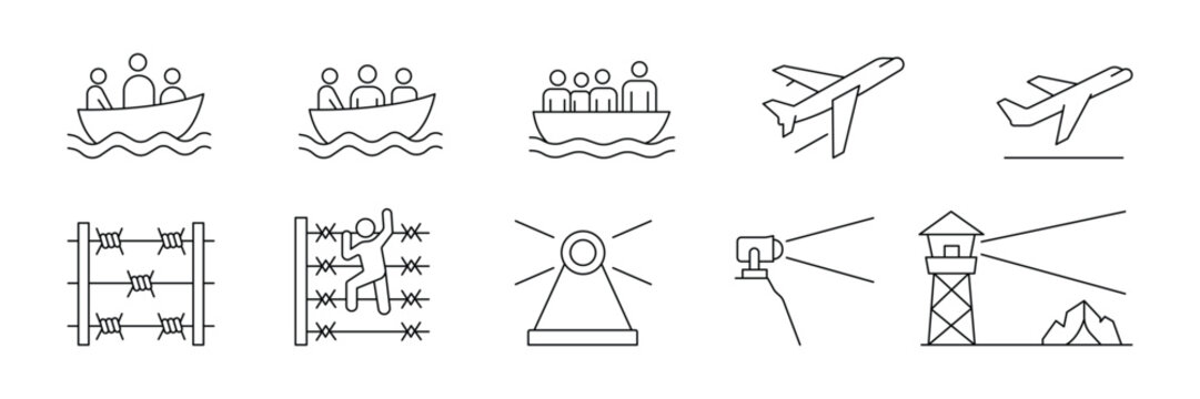 Migration icon set featuring refugee boat, airplane, barbed wire, guard watchtower and searchlight vector illustration.