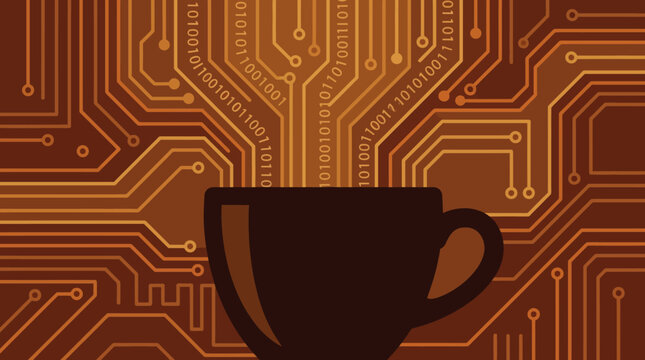 Dark brown coffee mug silhouette featured with glowing orange digital lines and binary code representing caffeine fueled modern programming technology